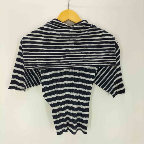 プリーツプリーズイッセイミヤケ PLEATS PLEASE ISSEY MIYAKE 90S 99SS 銀タグ プリーツ セーラーカラー バイアス ボーダー S/S トップス レディース JPN:3