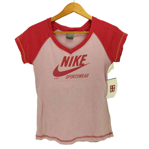 ナイキ NIKE ロゴ ツートン Vネック ラグランTシャツ Y2K レディース import:M