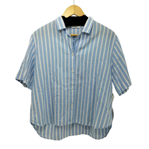 ユニクロ UNIQLO リネンブレンドストライプオープンカラーシャツ ライトブルー Lサイズ レディース JPN:L