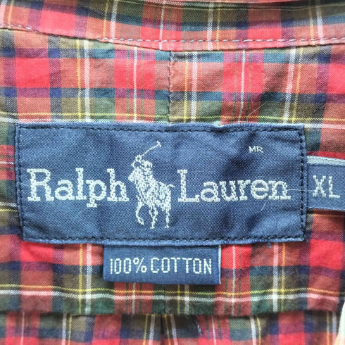 ラルフローレン RALPH LAUREN 90S ポニー 刺繍 外付けタグ コットン タータン チェック ボタンダウン L/S シャツ メンズ import:XL