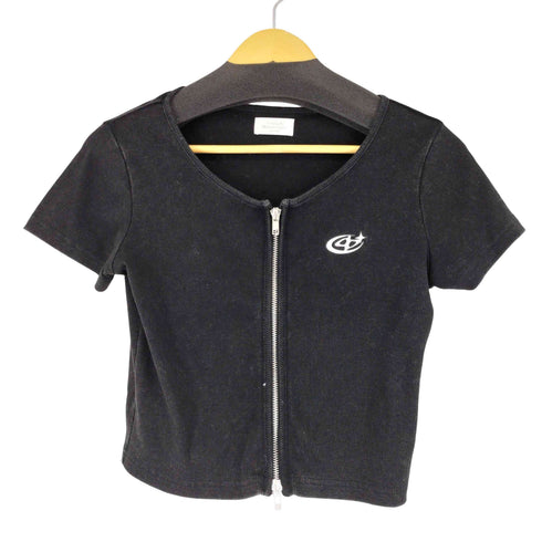 ロゴ プリント ジップアップ リブ S/S Tシャツ レディース FREE