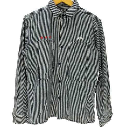 ステューシー Stussy AUTHENTIC 90-00S OLD 黒タグ ショーンフォント ワールドツアー SSリンク 両面刺繍 ヒッコリー ストライプ デニム ワーク シャツ ジャケット メンズ import:M