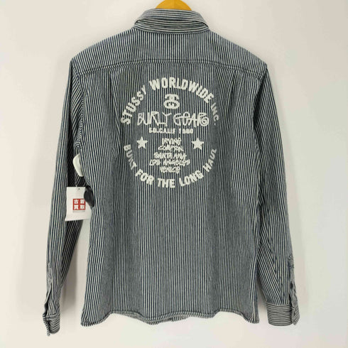 ステューシー Stussy AUTHENTIC 90-00S OLD 黒タグ ショーンフォント ワールドツアー SSリンク 両面刺繍 ヒッコリー ストライプ デニム ワーク シャツ ジャケット メンズ import:M