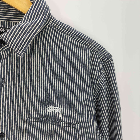 ステューシー Stussy AUTHENTIC 90-00S OLD 黒タグ ショーンフォント ワールドツアー SSリンク 両面刺繍 ヒッコリー ストライプ デニム ワーク シャツ ジャケット メンズ import:M