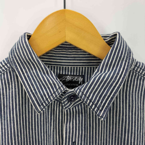 ステューシー Stussy AUTHENTIC 90-00S OLD 黒タグ ショーンフォント ワールドツアー SSリンク 両面刺繍 ヒッコリー ストライプ デニム ワーク シャツ ジャケット メンズ import:M
