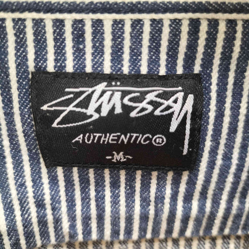 ステューシー Stussy AUTHENTIC 90-00S OLD 黒タグ ショーンフォント ワールドツアー SSリンク 両面刺繍 ヒッコリー ストライプ デニム ワーク シャツ ジャケット メンズ import:M