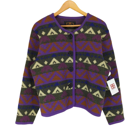 LONGHOUSE MADE IN CANADA ネイティブ柄ノーカラーニットカーディガン レディース L