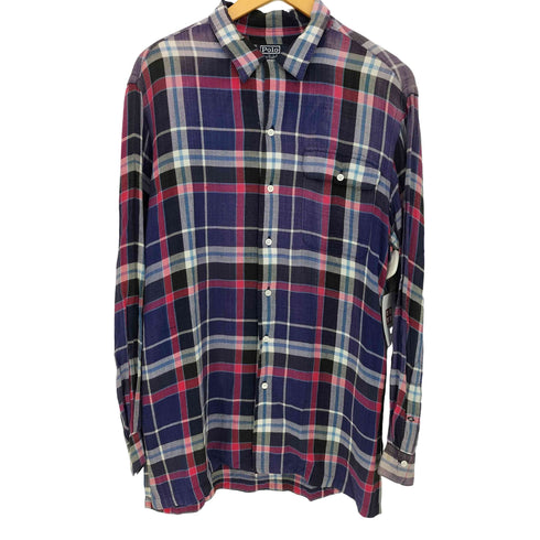 ポロバイラルフローレン Polo by RALPH LAUREN 90-00s マドラスチェック ポニー無し シングルポケット L/S オープンカラーシャツ メンズ import:M