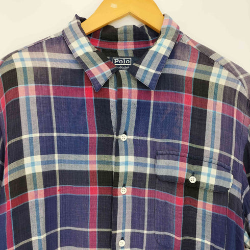 ポロバイラルフローレン Polo by RALPH LAUREN 90-00s マドラスチェック ポニー無し シングルポケット L/S オープンカラーシャツ メンズ import:M