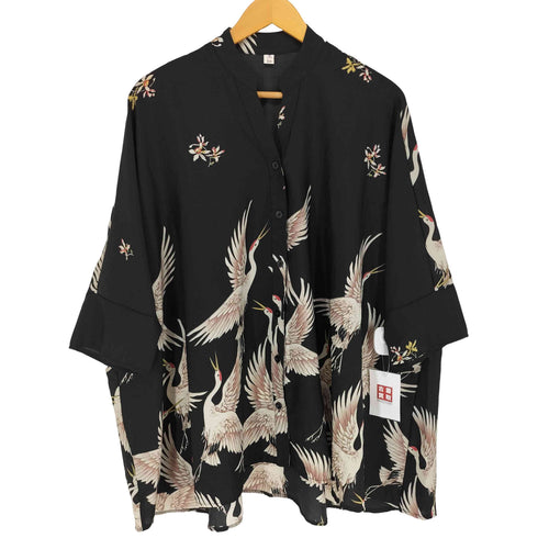 和柄 鶴 バンドカラー S/S 開襟シャツ レディース