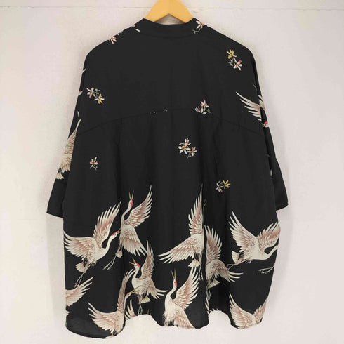 和柄 鶴 バンドカラー S/S 開襟シャツ レディース