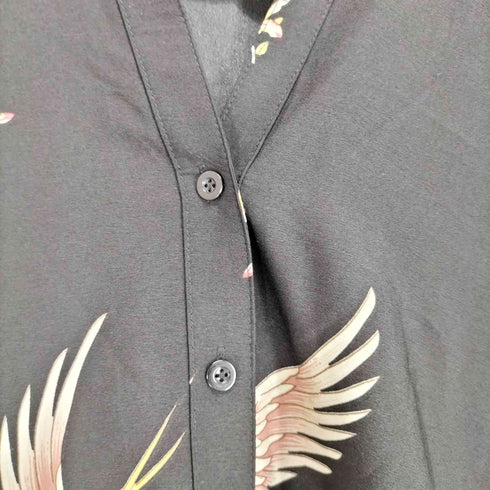 和柄 鶴 バンドカラー S/S 開襟シャツ レディース