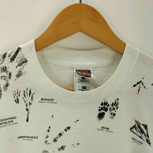 フルーツオブザルーム FRUIT OF THE LOOM 90S 動物 アニマル 足跡 オールオーバー プリント Tシャツ 袖裾 シングル レディース 10-12