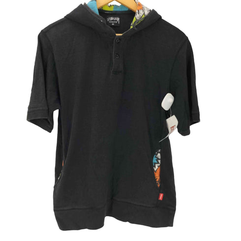ステューシー Stussy AUTHENTIC 00S OLD 裏地 ショーンフォント 総柄 S/S 半袖 プルオーバー フーディー パーカー Y2K メンズ import:M