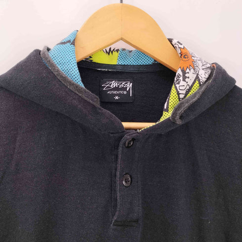 ステューシー Stussy AUTHENTIC 00S OLD 裏地 ショーンフォント 総柄 S/S 半袖 プルオーバー フーディー パーカー Y2K メンズ import:M