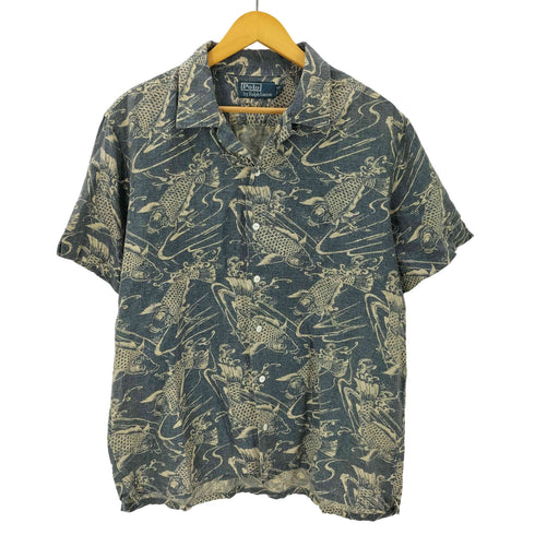 ポロバイラルフローレン Polo by RALPH LAUREN 90S コットン リネン 鯉 和柄 総柄 オープンカラー 開襟 S/S シャツ メンズ import:L