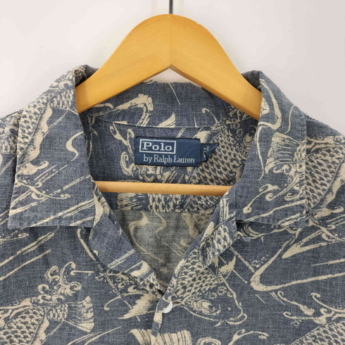 ポロバイラルフローレン Polo by RALPH LAUREN 90S コットン リネン 鯉 和柄 総柄 オープンカラー 開襟 S/S シャツ メンズ import:L