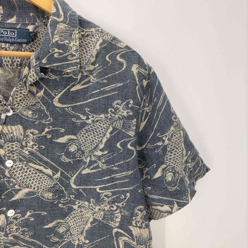 ポロバイラルフローレン Polo by RALPH LAUREN 90S コットン リネン 鯉 和柄 総柄 オープンカラー 開襟 S/S シャツ メンズ import:L
