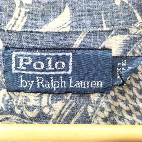 ポロバイラルフローレン Polo by RALPH LAUREN 90S コットン リネン 鯉 和柄 総柄 オープンカラー 開襟 S/S シャツ メンズ import:L