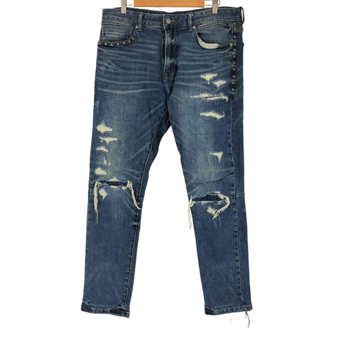 bleu noir スタッズデザイン ダメージ加工 ジップフライ デニムパンツ メンズ UK:34-35
