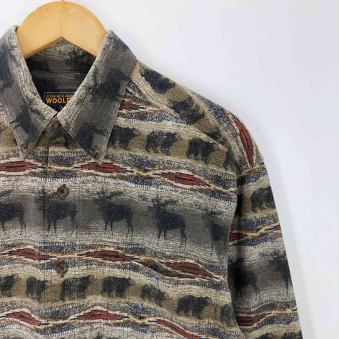 ウールリッチ WOOLRICH 00S 熊 ベアー 鹿 アニマル 総柄 L/S ボタンダウン フランネル シャツ メンズ import:M