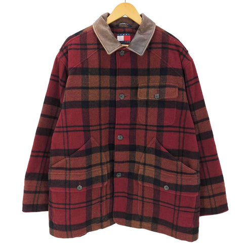 トミーヒルフィガー TOMMY HILFIGER 00S OLD 裏地キルティング 襟レザー ウール チェック カバーオール ジャケット メンズ import:L
