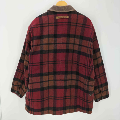 トミーヒルフィガー TOMMY HILFIGER 00S OLD 裏地キルティング 襟レザー ウール チェック カバーオール ジャケット メンズ import:L