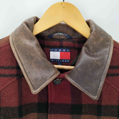 トミーヒルフィガー TOMMY HILFIGER 00S OLD 裏地キルティング 襟レザー ウール チェック カバーオール ジャケット メンズ import:L