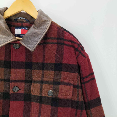 トミーヒルフィガー TOMMY HILFIGER 00S OLD 裏地キルティング 襟レザー ウール チェック カバーオール ジャケット メンズ import:L