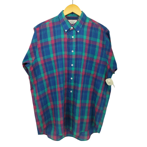 シアーズ Sears 90s コットンポリ マドラスチェック S/S ボタンダウン シャツ メンズ import:L