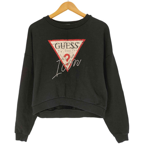 ゲス GUESS ロゴプリント ラインストーン ショート丈 クルーネックスウェット トレーナー レディース import:XS
