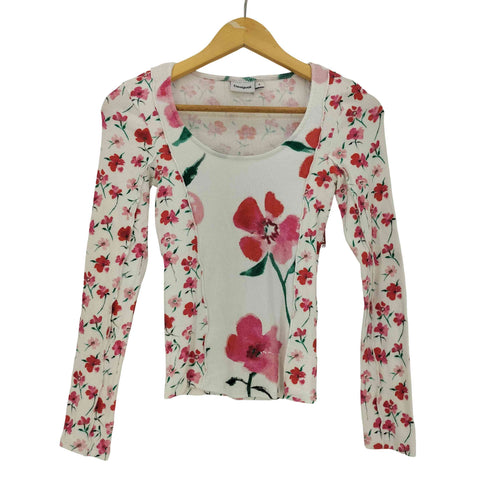 デシグアル Desigual White blouse with floral print フラワープリント インサイドアウト リブ L/S カットソー レディース import:S