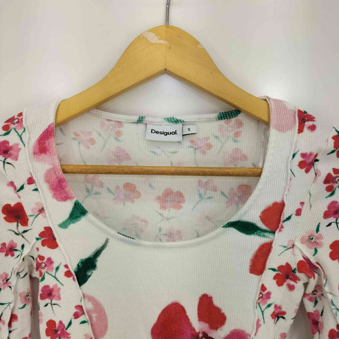 デシグアル Desigual White blouse with floral print フラワープリント インサイドアウト リブ L/S カットソー レディース import:S