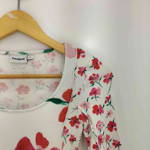デシグアル Desigual White blouse with floral print フラワープリント インサイドアウト リブ L/S カットソー レディース import:S