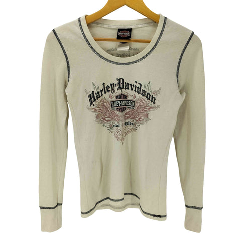ハーレーダビッドソン HARLEY-DAVIDSON USA製 両面プリント サーマル ワッフル L/S カットソー Tシャツ ロンT ラインストーン Y2K コピーライト2011 レディース