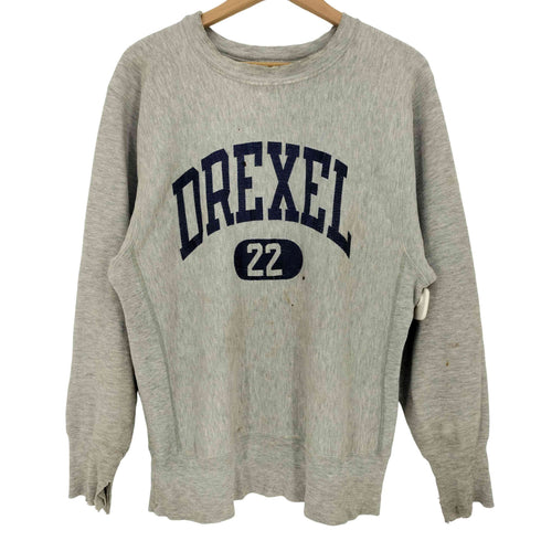 チャンピオン Champion 90-00s 刺繍タグ USA製 REVERSE WEAVE ラバープリント DREXEL アーチ カプセル2段 ゾロ目22 クルーネック スウェット メンズ import:L