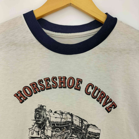 80s シングルステッチ HORSESHOE CURVE 染み込みプリント リンガー Tシャツ メンズ