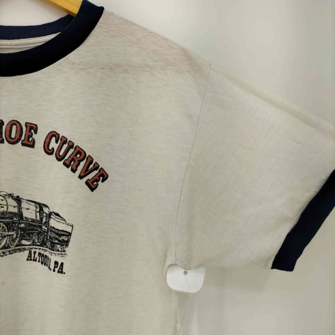 80s シングルステッチ HORSESHOE CURVE 染み込みプリント リンガー Tシャツ メンズ