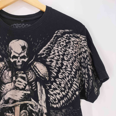 TYCOON USA製 スカル ラメ フェザー 両面プリント Tシャツ メンズ import:M