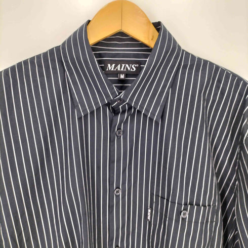 MAINS Black and White Pinstripe Long Sleeve Shirt with Elasticated Hem メンズ import:M