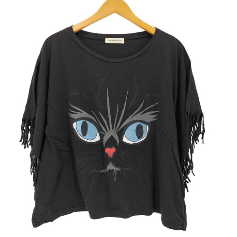 premonition 猫アートプリント フリンジ袖 クルーネックTシャツ y2k レディース