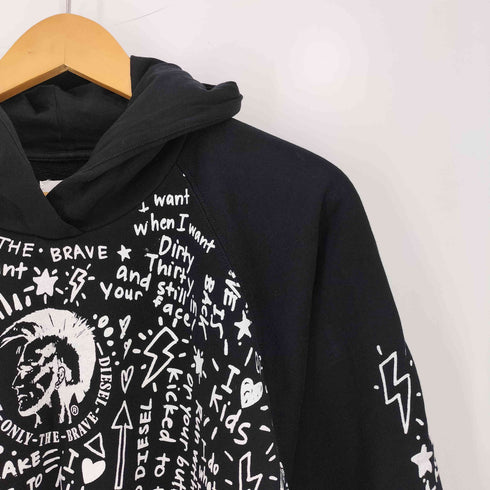 ディーゼル DIESEL モノトーン センターブレイブマン 総柄グラフィックプリント クロップド プルオーバーパーカー レディース UK:12