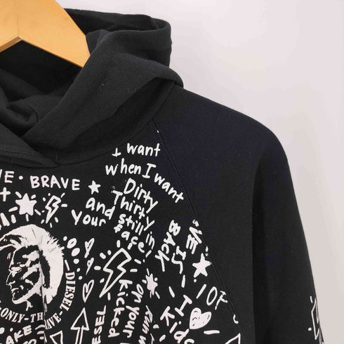ディーゼル DIESEL モノトーン センターブレイブマン 総柄グラフィックプリント クロップド プルオーバーパーカー レディース UK:12