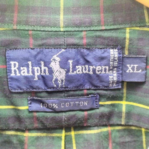 ラルフローレン RALPH LAUREN 90S ポニー 刺繍 チェック柄 コットン BD ボタンダウン L/S シャツ メンズ import:XL