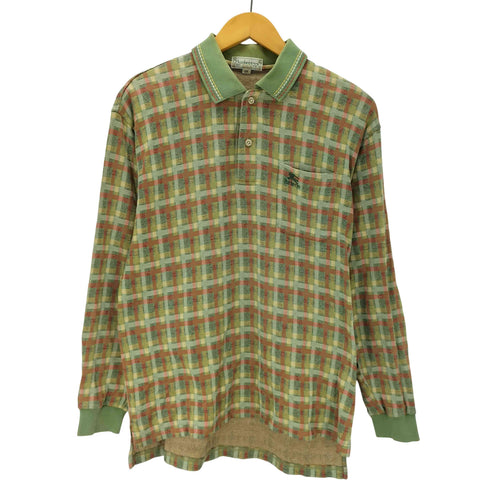 バーバリーズ BURBERRYS 80-90S OLD 銀タグ 英国製 ホースロゴ 刺繍 総柄 チェック L/S ポロ シャツ カットソー メンズ import:L
