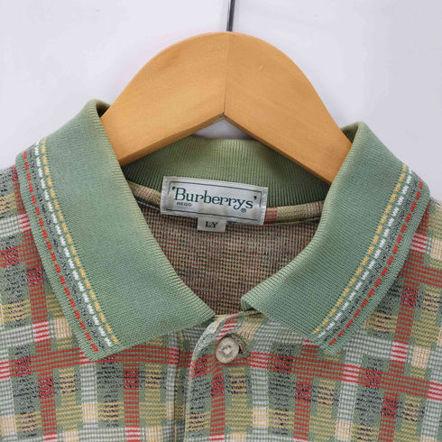 バーバリーズ BURBERRYS 80-90S OLD 銀タグ 英国製 ホースロゴ 刺繍 総柄 チェック L/S ポロ シャツ カットソー メンズ import:L