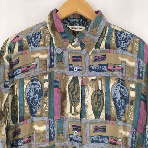 una tina シルク100% アンフォラモチーフ 総柄 L/S シャツ レディース