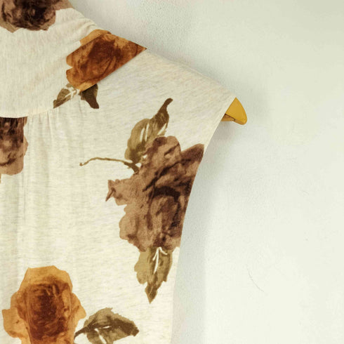 ローズプリント ハイネック ボータイ付き ノースリーブ ワンピース レディース