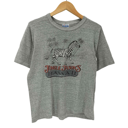 ヘインズ Hanes 80S ボディ OLD USA製 シマウマ ゼブラ プリント S/S ボックス Tシャツ 裾袖シングル 短丈 霜降り レディース import:L