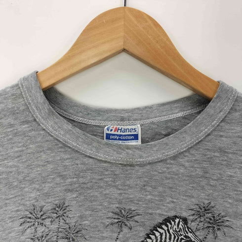 ヘインズ Hanes 80S ボディ OLD USA製 シマウマ ゼブラ プリント S/S ボックス Tシャツ 裾袖シングル 短丈 霜降り レディース import:L